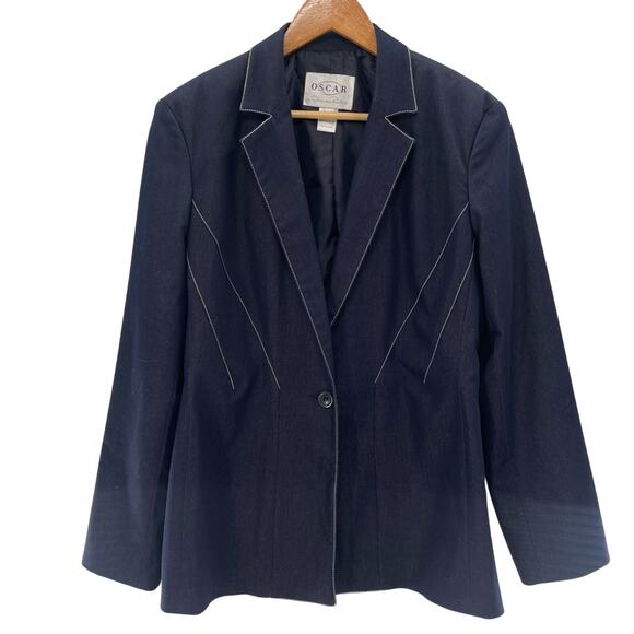 Oscar de la Renta Single Button Denim Colored Blazer With White Stitching 14 - Picture 1 of 8